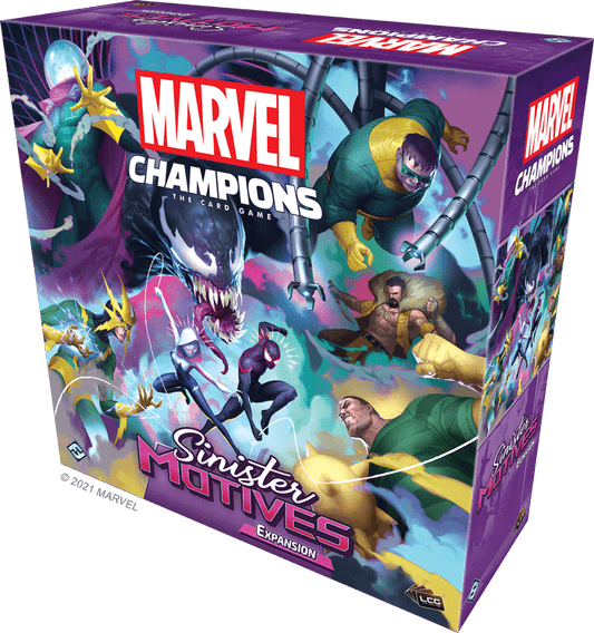 Box for Fantasy Flight Games' Marvel Champions: The Card Game – Sinister Motives Expansion, showcasing Spider-Man, Venom, and the Sinister Six in energetic poses set against a vivid Spider-Verse-inspired backdrop.