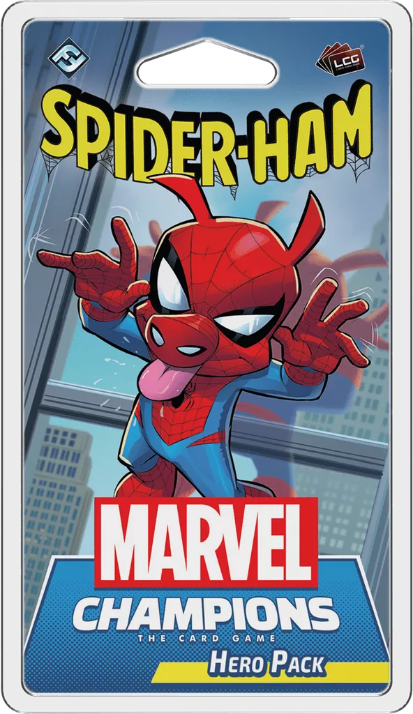 The Marvel Champions: The Card Game – Spider-Ham Hero Pack by Fantasy Flight Games features Spider-Ham, a cartoon pig in a Spider-Man suit, striking a dynamic pose on the packaging, with the Marvel logo prominently at the bottom.
