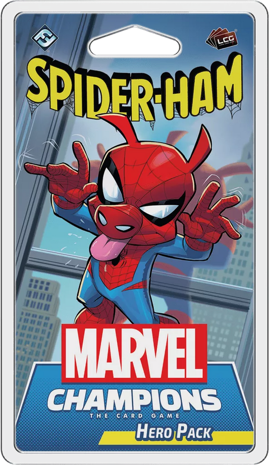 The Marvel Champions: The Card Game – Spider-Ham Hero Pack by Fantasy Flight Games features Spider-Ham, a cartoon pig in a Spider-Man suit, striking a dynamic pose on the packaging, with the Marvel logo prominently at the bottom.