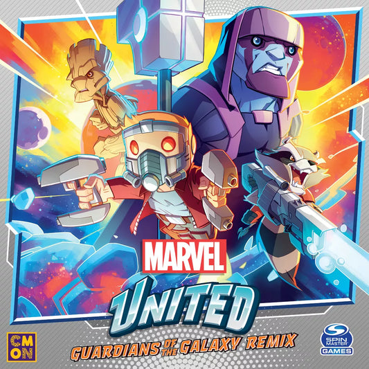 Cartoon-style illustration of Groot, Star-Lord, Drax, and Rocket Raccoon from Cool Mini Or Not’s Marvel United: Guardians of the Galaxy Remix Expansion. They pose heroically with weapons against a cosmic backdrop with explosions and spaceships.