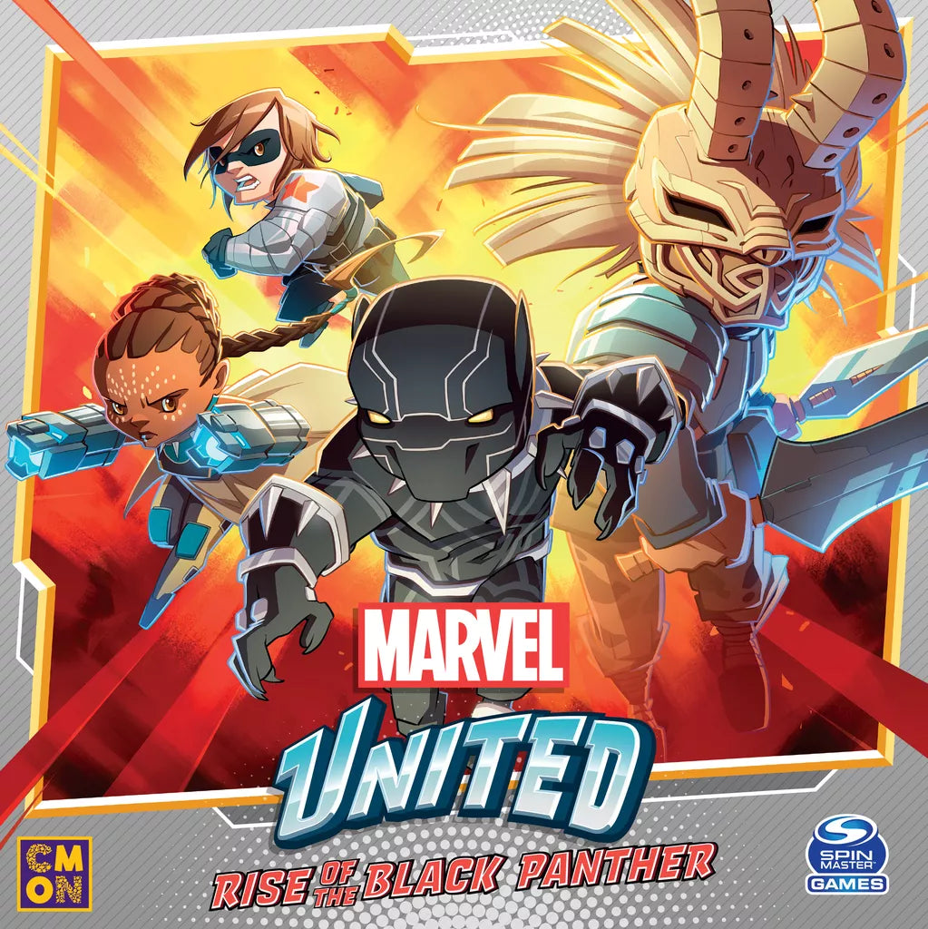 Three animated Marvel superheroes, led by Black Panther, dash forward with determined looks. Behind him are Shuri, Winter Soldier, and a masked warrior. Marvel United: Rise of the Black Panther Expansion by Cool Mini Or Not—a thrilling Wakanda board game!