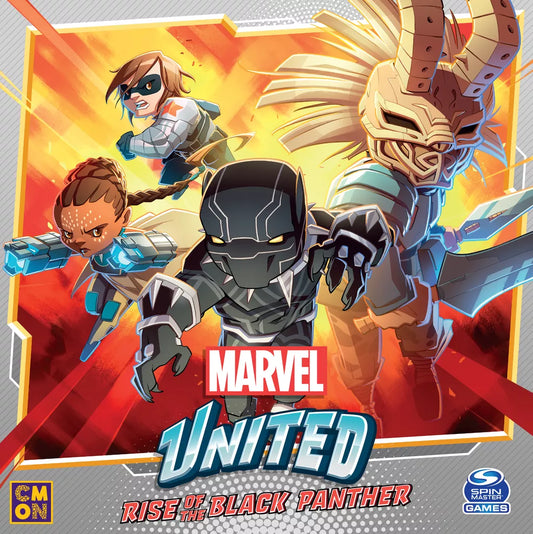 Three animated Marvel superheroes, led by Black Panther, dash forward with determined looks. Behind him are Shuri, Winter Soldier, and a masked warrior. Marvel United: Rise of the Black Panther Expansion by Cool Mini Or Not—a thrilling Wakanda board game!