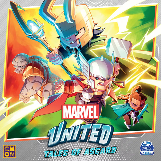 Four cartoon-style Marvel characters—Loki, Thor, Valkyrie, and Korg—pose dynamically with weapons against a vivid backdrop. The Cool Mini Or Not game expansion is titled Marvel United: Tales of Asgard Expansion.