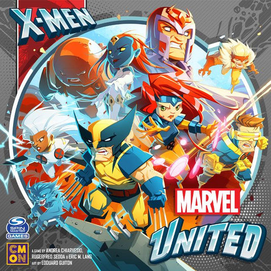 Chibi-style X-Men characters like Wolverine, Cyclops, Storm, Jean Grey, Beast, and Magneto strike dynamic poses with the Marvel United: X-Men logo on a vibrant background in this Cool Mini Or Not cooperative board game.