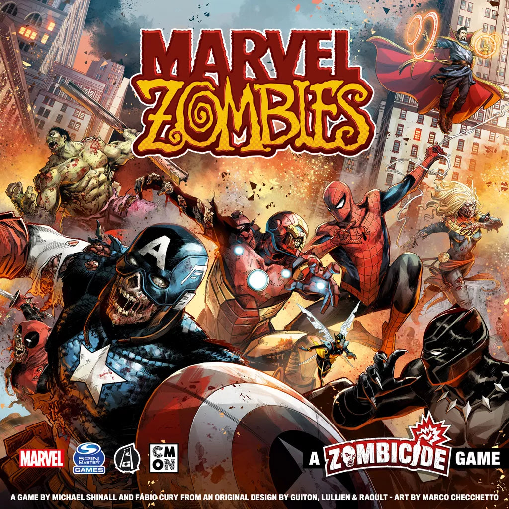 Marvel superheroes, including Captain America, Iron Man, and Spider-Man, face zombie versions of themselves in a chaotic city in Marvel Zombies: A Zombicide Game by Cool Mini Or Not, with the game logo above fiery buildings.