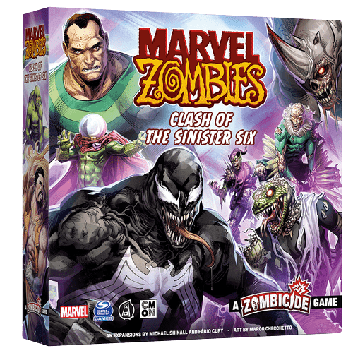 Cool Mini Or Not’s Marvel Zombies: A Zombicide Game – Clash of the Sinister Six Expansion box features vivid comic-style art with zombified Marvel villains like Venom.