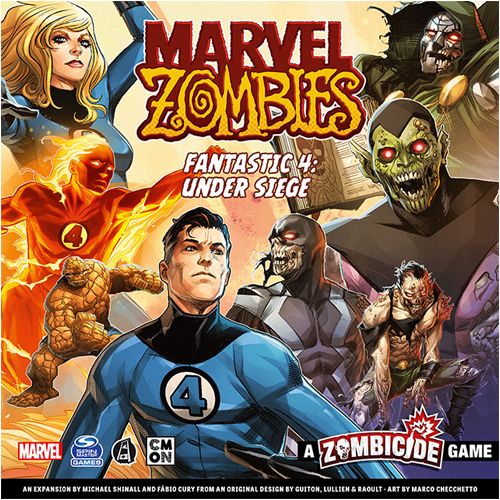Comic-style cover art for Marvel Zombies: A Zombicide Game – Fantastic 4: Under Siege Expansion by Cool Mini Or Not features zombie versions of the Fantastic Four and other characters, with the game title bold at the top.