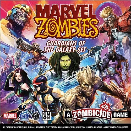 Box cover for Marvel Zombies: A Zombicide Game – Guardians of the Galaxy Set Expansion by Cool Mini Or Not, showing zombified Marvel heroes in vivid comic-style art with the Zombicide logo in view.