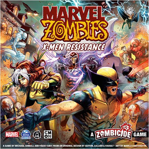 Marvel superheroes like Wolverine, Rogue, and Cyclops battle zombie mutants in a comic-style scene. The Cool Mini Or Not Marvel Zombies: X-Men Resistance cooperative board game title appears at the top.