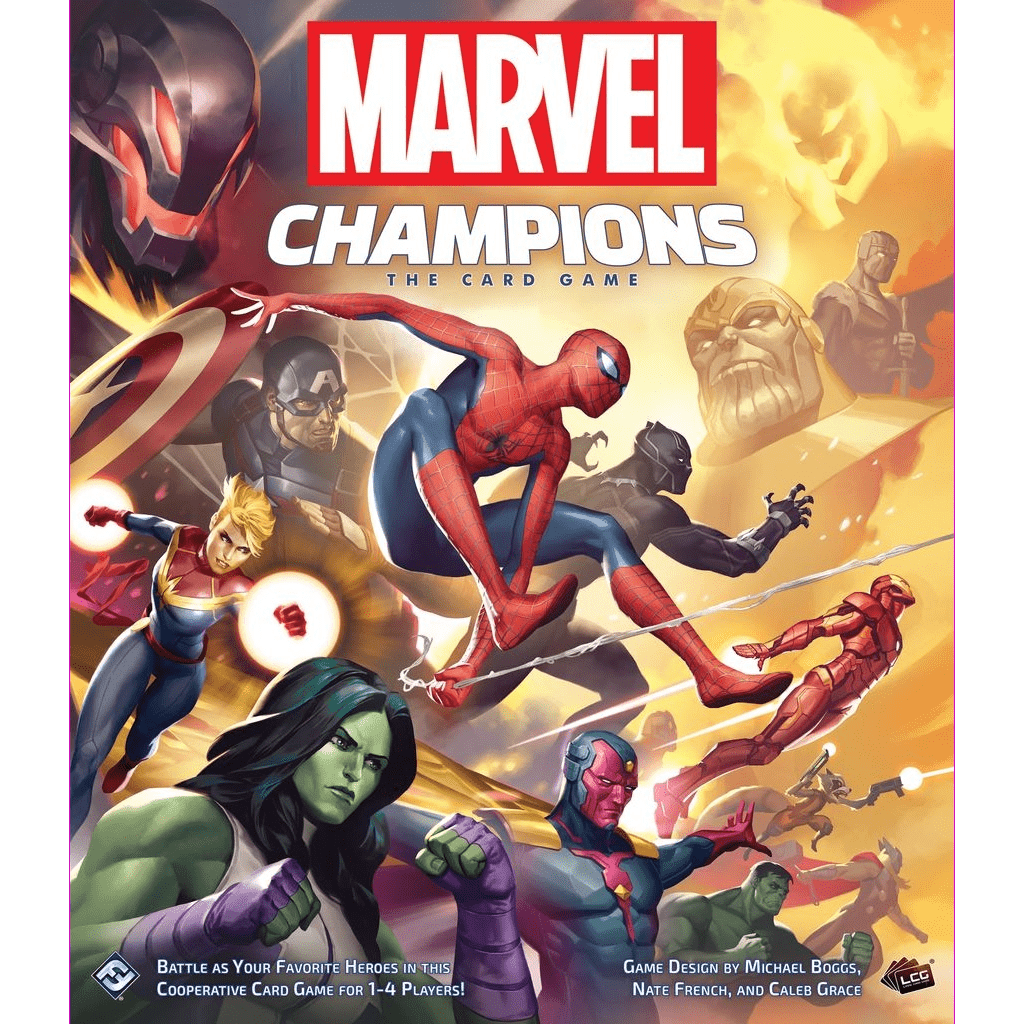 Cover art for Marvel Champions: The Card Game by Fantasy Flight Games, a dynamic Living Card Game where superheroes like Spider-Man, Iron Man, Captain Marvel, She-Hulk, and Black Panther defend the Marvel Universe.