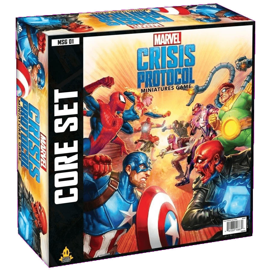 Box for the Marvel Crisis Protocol Core Set by Atomic Mass Games, showcasing Marvel heroes and villains like Captain America, Iron Man, Spider-Man, Red Skull, and Ultron in an action-packed scene.
