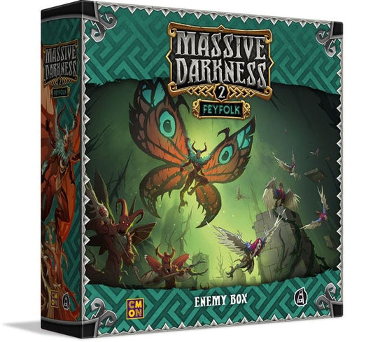 Box art for Cool Mini Or Not’s Massive Darkness 2: Enemy Box – Feyfolk Expansion shows a glowing moth-like creature and winged enemies in a mystical forest, with the title and Feyfolk Expansion branding featured at the top.