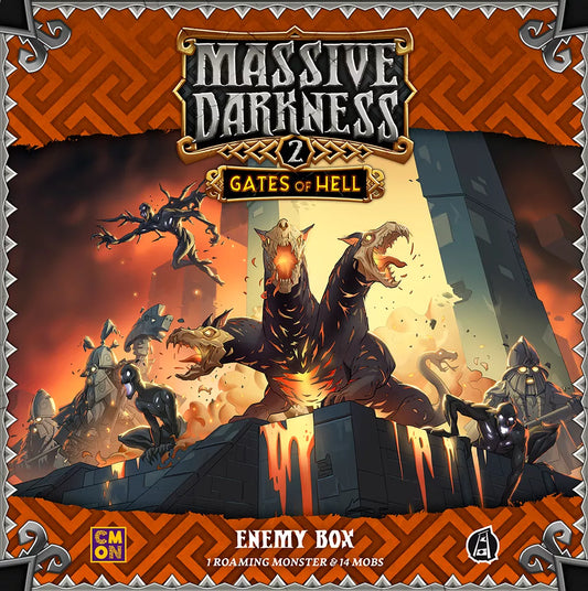 The box art for Cool Mini Or Not’s Massive Darkness 2: Enemy Box – Gates of Hell Expansion features a giant three-headed monster rising from lava, surrounded by armored foes and flames, with the title and Enemy Box details above and below.