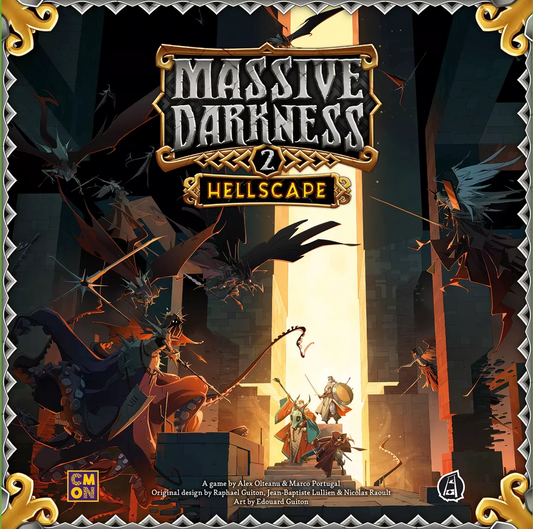 Four heroes prepare for battle at a fiery dungeon's entrance in Cool Mini Or Not’s Massive Darkness 2: Hellscape. Demonic foes loom overhead, with the game's bold title crowning the scene above this epic cooperative board game.