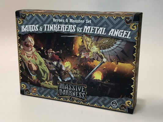Cool Mini Or Not's Massive Darkness 2: Heroes & Monster Set – Bards & Tinkerers vs Metal Angel Expansion features fantasy heroes battling the powerful winged Metal Angel, as shown on the game box cover.