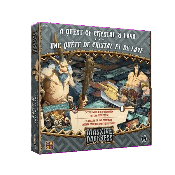 Box for Cool Mini Or Not's Massive Darkness: A Quest of Crystal and Lava Expansion, with fantasy artwork of armored warriors, campaign tiles, components, and bilingual English/French text.