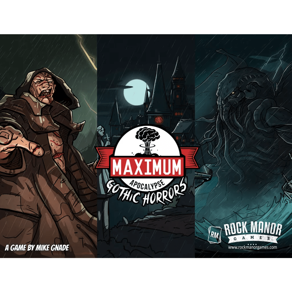 The box art for Maximum Apocalypse: Gothic Horrors Second Edition by Rock Manor Games features a monstrous cloaked figure, a moonlit castle, and a tentacled creature, with the game title and publisher’s logo clearly visible.