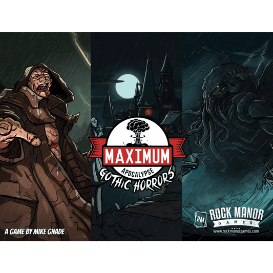 The box art for Maximum Apocalypse: Gothic Horrors Second Edition by Rock Manor Games features a monstrous cloaked figure, a moonlit castle, and a tentacled creature, with the game title and publisher’s logo clearly visible.