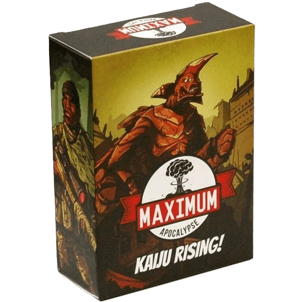 The Maximum Apocalypse: Kaiju Rising Expansion by Rock Manor Games comes in a box featuring a soldier, a giant creature, and a mushroom cloud logo, hinting at new apocalypse challenges and survivor characters.