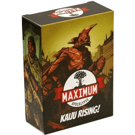The Maximum Apocalypse: Kaiju Rising Expansion by Rock Manor Games comes in a box featuring a soldier, a giant creature, and a mushroom cloud logo, hinting at new apocalypse challenges and survivor characters.