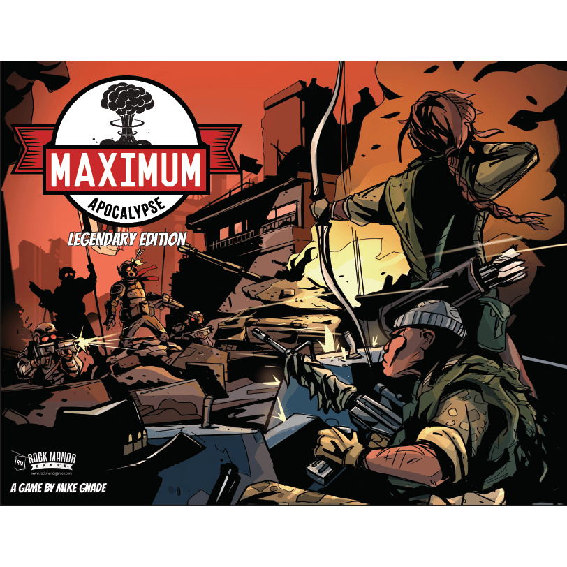 Comic-style illustration of armed survivors with miniatures battle monsters in a ruined city. The title "Maximum Apocalypse: Legendary Box" by Rock Manor Games appears at the top with a mushroom cloud symbol.