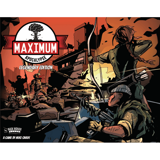 Comic-style illustration of armed survivors with miniatures battle monsters in a ruined city. The title "Maximum Apocalypse: Legendary Box" by Rock Manor Games appears at the top with a mushroom cloud symbol.