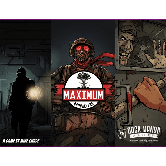 Board game cover for Maximum Apocalypse: Second Edition by Rock Manor Games. Shows a survivor in a gas mask with a red scarf, zombies breaking through a door, and a shadowy figure holding a flashlight.