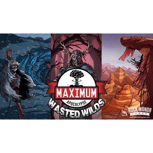 Promotional image for Maximum Apocalypse: Wasted Wilds by Rock Manor Games, showing a wolf-like beast, an antlered masked figure, and a red rocky canyon, with the game logo at the center.