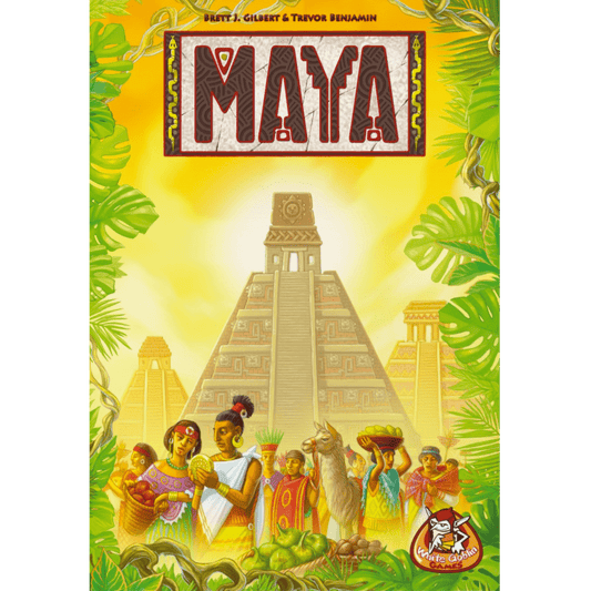 Colorful illustration for White Goblin Games’ “Maya EN/NL”: ancient Maya people in traditional attire with fruits and animals, before a large stone pyramid—evoking the vibrant Yucatán board game—amid lush greenery and a bright yellow sky.