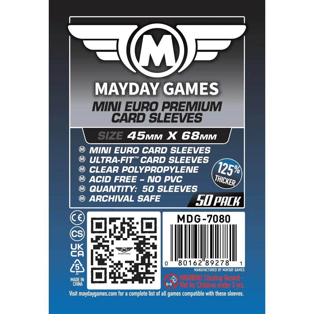Packaging for Mayday Games Premium Card Sleeves 45 mm x 68 mm (250 Sleeves Bundle) by Mayday Games. Ultra-fit, clear, acid-free polypropylene sleeves; archival safe, no PVC, 125% thicker. Barcode and certifications visible.