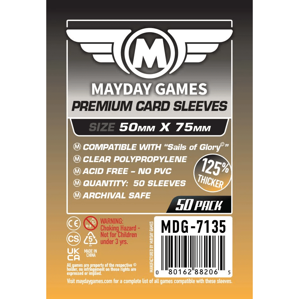 Mayday Games Premium Card Sleeves 50 mm x 75 mm (50 Pack) by Mayday Games: clear polypropylene, archival safe, acid-free, no PVC, 125% thicker sleeves; includes warnings and barcode.