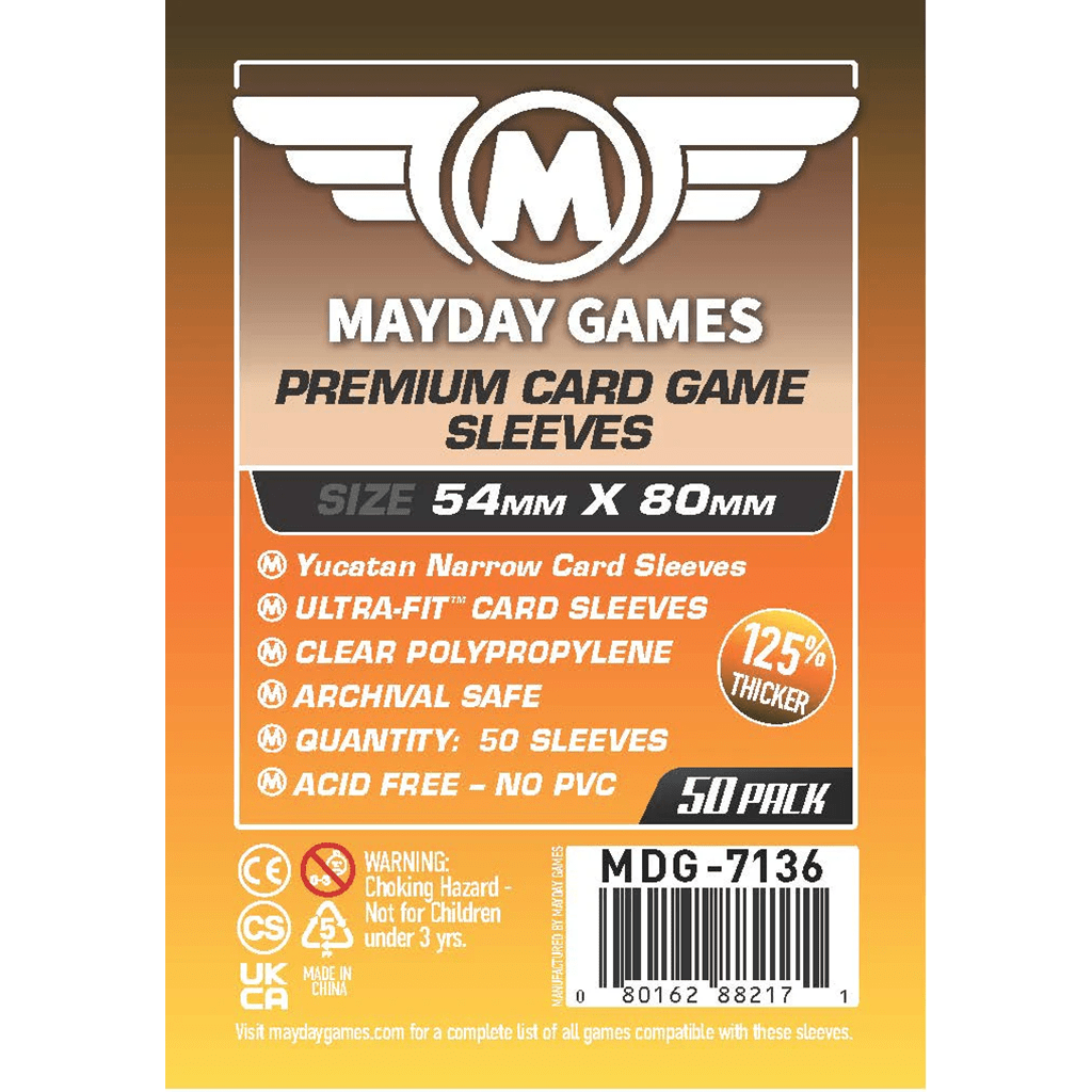 The Mayday Games Premium Card Sleeves 54 mm x 80 mm (50 Pack) from Mayday Games feature ultra-fit, clear polypropylene, archival safe, no PVC, and are 125% thicker. Warnings and barcode appear on the packaging.