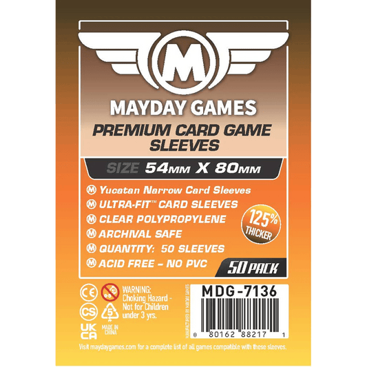 The Mayday Games Premium Card Sleeves 54 mm x 80 mm (50 Pack) from Mayday Games feature ultra-fit, clear polypropylene, archival safe, no PVC, and are 125% thicker. Warnings and barcode appear on the packaging.
