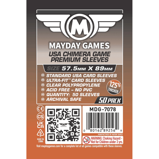 Mayday Games Premium Card Sleeves 57.5 mm x 89 mm (50 pack) feature thicker 125% sleeves, are acid-free and archival safe, include a barcode, and carry a small children warning. Brand: Mayday Games.