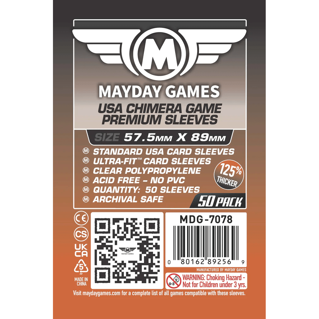 Mayday Games Premium Card Sleeves 57.5 mm x 89 mm (50 pack) feature thicker 125% sleeves, are acid-free and archival safe, include a barcode, and carry a small children warning. Brand: Mayday Games.