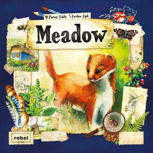 The Meadow board game by Rebel features a cover with a central weasel, surrounded by watercolor illustrations of butterflies, a cabin, feathers, plants, an insect under a magnifying glass, and sketchbook cards in this set collection game.