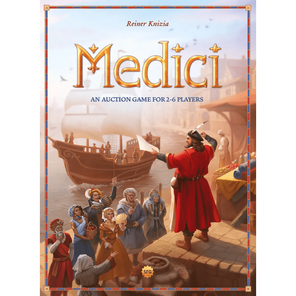 The Medici board game cover from Steamforged Games depicts a busy medieval port with merchants and cargo, featuring a man in red holding a scroll, gesturing to the docks. The title and brand name appear at the top.