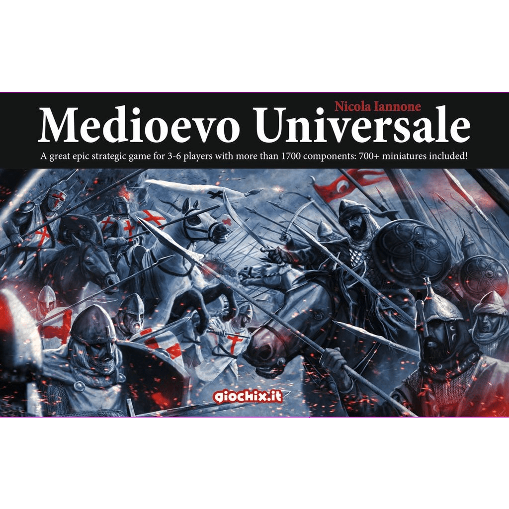 The box cover of Medioevo Universale by Giochix features a dramatic medieval battle with armored knights on horseback and on foot, wielding swords and shields marked with red crosses.