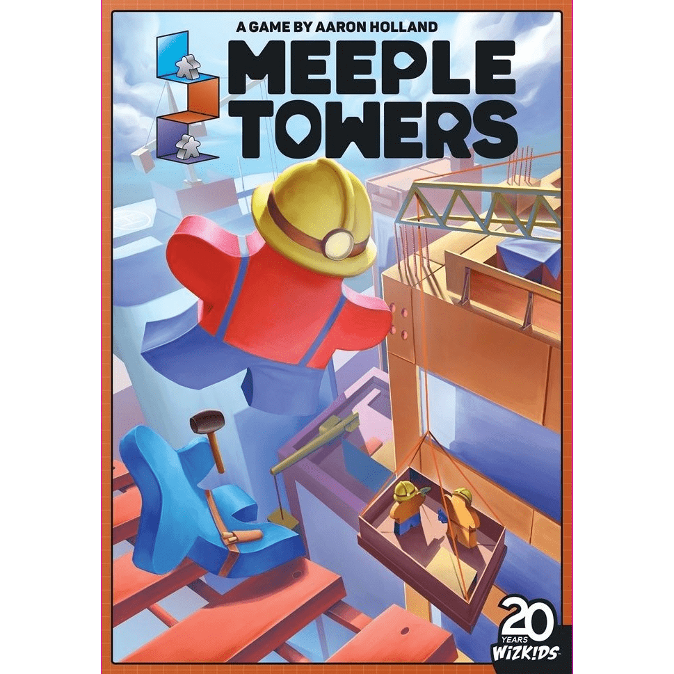 The Meeple Towers board game by WizKids features a cover with a large red meeple in a yellow hard hat amid scaffolding, cranes, and blueprints. The title is at the top; the WizKids logo is in the bottom right corner.