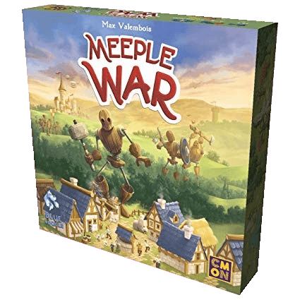 The image shows the Meeple War board game box by Cool Mini Or Not, featuring cartoon-style wooden figures invading a village, with houses and greenery in the background and the game's title at the top.