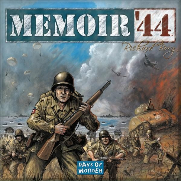 The Memoir '44 board game cover shows WWII soldiers in action with tanks and explosions. The large title is at the top, and the Days of Wonder brand logo appears at the bottom.