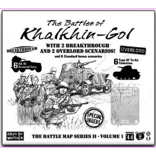Black and white cover for Memoir '44: Battles of Khalkhin-Gol Expansion by Days of Wonder, showcasing soldiers, armored cars, and tanks. Includes scenarios, special orders, and is part of the Battle Map Series II, Volume I.