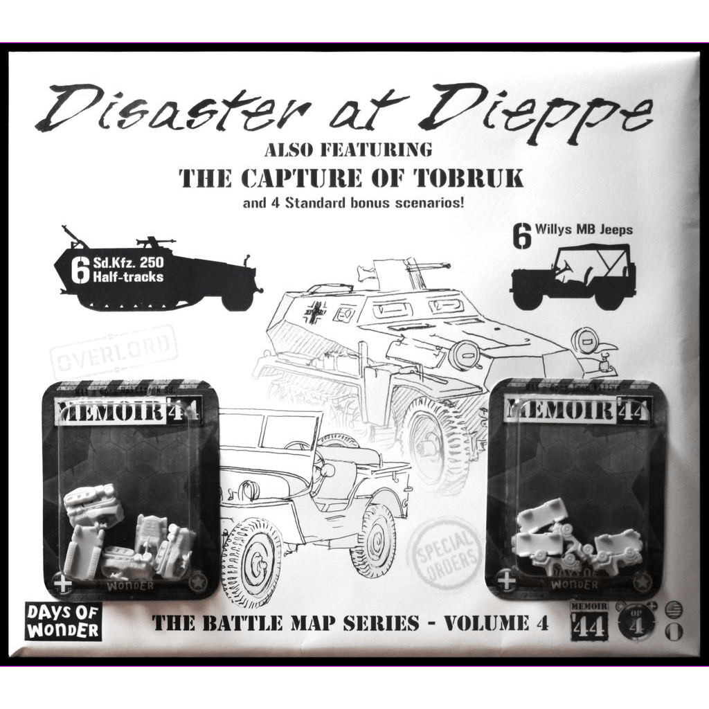 Game box cover for Days of Wonder's Memoir '44: Disaster at Dieppe Expansion, showing two packs of plastic game pieces and illustrated military vehicles such as a half-track and all-terrain jeeps.