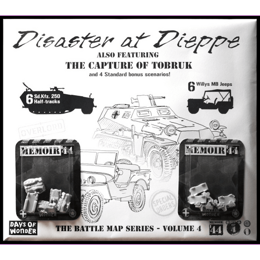 Game box cover for Days of Wonder's Memoir '44: Disaster at Dieppe Expansion, showing two packs of plastic game pieces and illustrated military vehicles such as a half-track and all-terrain jeeps.