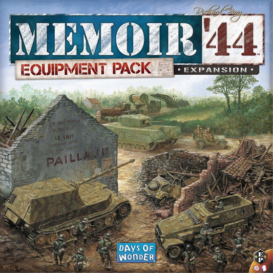 Box cover for Memoir '44: Equipment Pack by Days of Wonder features WWII vehicles and soldiers on a rural battlefield with damaged stone walls, old buildings, and the Days of Wonder logo at the bottom.