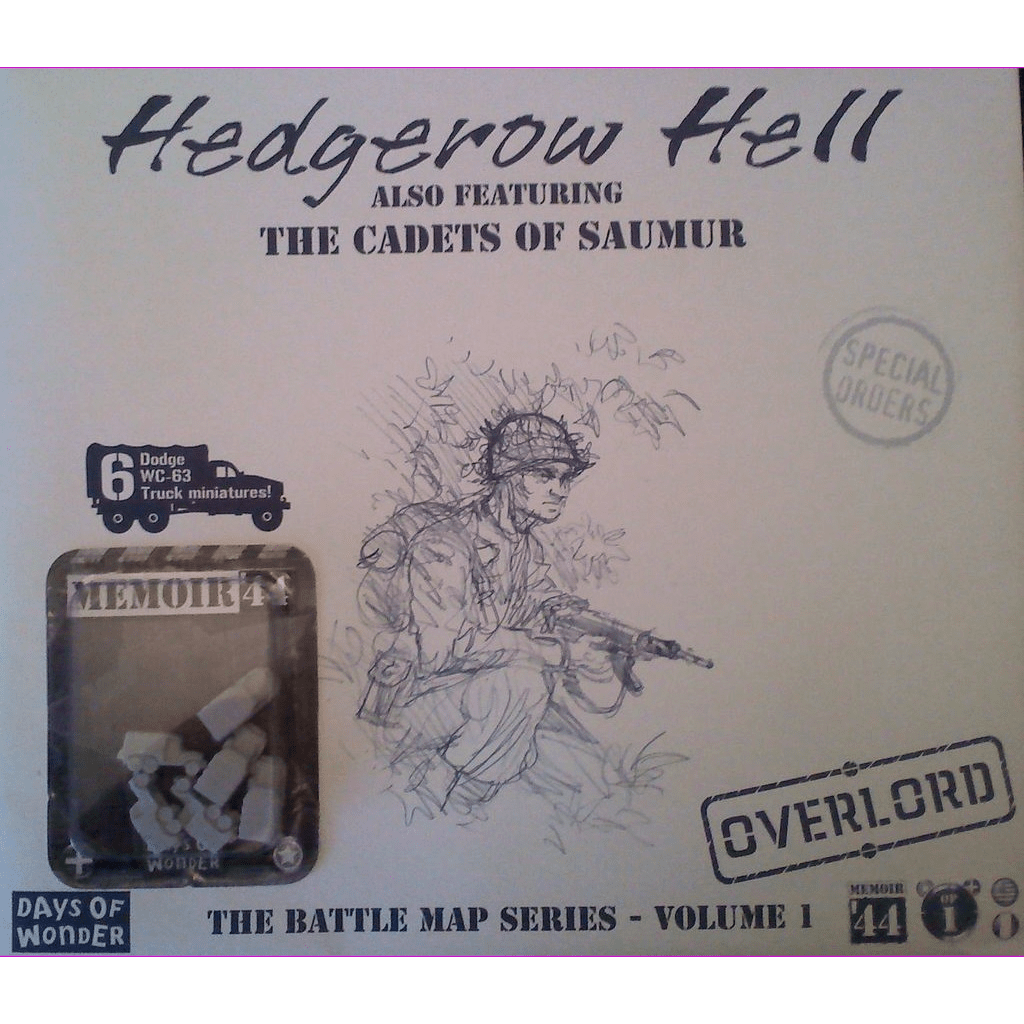 Box cover of Memoir '44: Hedgerow Hell Expansion by Days of Wonder, showing a soldier sketch, game pieces, and labels such as OVERLORD and Overlord BattleMap from the expansion set.