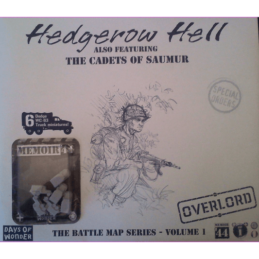 Box cover of Memoir '44: Hedgerow Hell Expansion by Days of Wonder, showing a soldier sketch, game pieces, and labels such as OVERLORD and Overlord BattleMap from the expansion set.