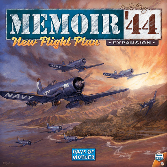 Box cover art for Memoir '44: New Flight Plan Expansion by Days of Wonder features WWII Navy fighter planes flying over a coastal sunset, with the product title and Days of Wonder logo prominently displayed.