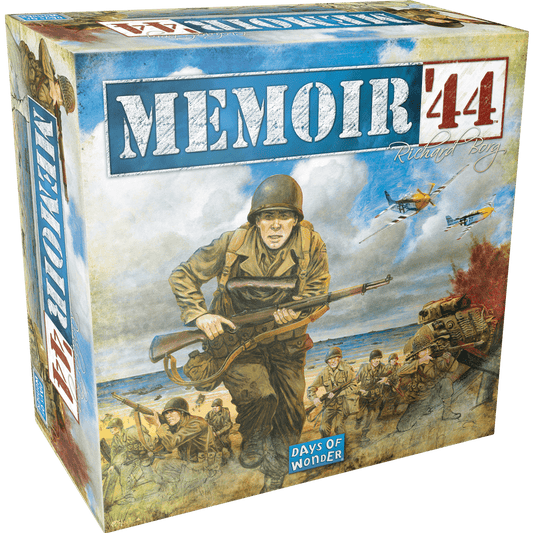 Board game box for 'Memoir '44' with soldiers and military equipment on a beach.