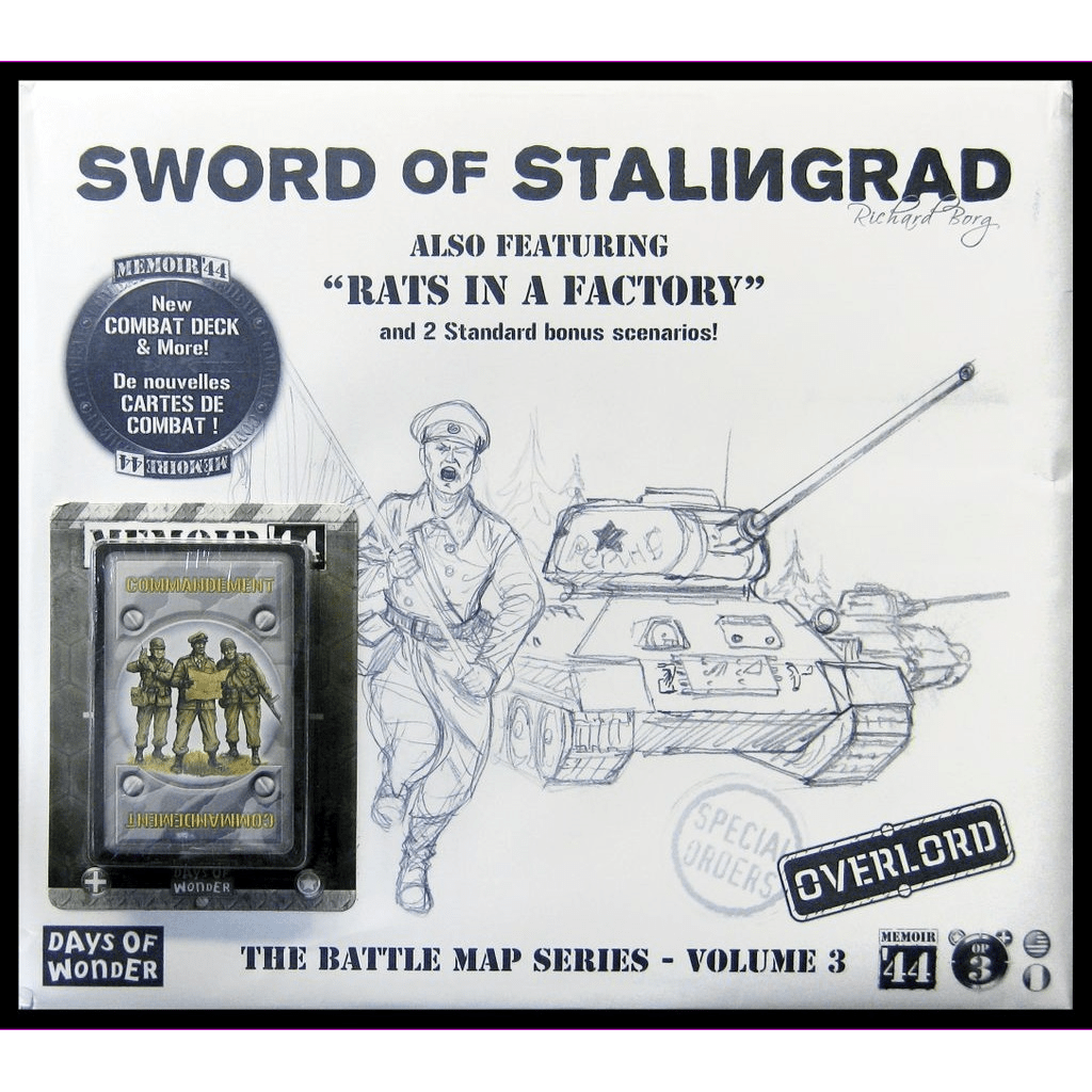 Box cover for Memoir '44: Sword of Stalingrad Expansion by Days of Wonder, with a sketch of a soldier and tank, game cards, bonus scenarios, and a mostly white background with bold black and blue accents.